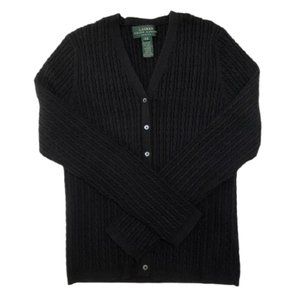 RALPH LAUREN LRL Vintage Classic Cardigan Cable Knit Cotton Black Petite PS